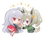  2girls :o ahoge alternate_costume animal_ears arknights black_shirt blue_jacket chibi commentary cropped_torso feeding grani_(arknights) grani_(miraculous_moment)_(arknights) green_jacket grey_hair grey_skirt hair_between_eyes highres holding holding_stuffed_toy horse_ears ice_cream_cone jacket jitome light_brown_hair long_hair multicolored_hair multiple_girls necktie niko_(nikooo2016) official_alternate_costume open_mouth ponytail red_eyes shirt simple_background skadi_(arknights) skirt streaked_hair striped_necktie stuffed_orca stuffed_toy triangle_hair_ornament violet_eyes white_background yellow_necktie 