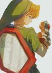  1boy artist_name blonde_hair brown_gloves clenched_hand earrings fingerless_gloves from_behind gloves green_headwear green_tunic hand_on_own_wrist highres jewelry link male_focus maruta_maruta profile shield shirt short_hair solo the_legend_of_zelda the_legend_of_zelda:_ocarina_of_time upper_body vambraces white_background white_shirt 