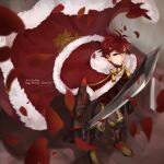  1_27_064_sf90 1boy armor cape closed_mouth diamant_(fire_emblem) fire_emblem fire_emblem_engage fur_trim gloves gold_trim happy_birthday highres holding holding_sword holding_weapon male_focus red_eyes redhead short_hair solo sword weapon 