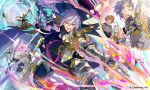  1girl 2boys armor bishounen black_pants blue_eyes chest_armor gauntlets glowing glowing_eye gran_(granblue_fantasy) granblue_fantasy grimnir heterochromia highres holding holding_polearm holding_weapon looking_at_another lyria_(granblue_fantasy) minaba_hideo multiple_boys multiple_views official_art pants pointy_ears polearm purple_hair red_eyes short_hair shoulder_armor spear weapon 