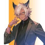  1boy animal_ears black_jacket black_shirt blue_eyes dark-skinned_male dark_skin erune eustace_(granblue_fantasy) glasses granblue_fantasy hair_over_one_eye highres jacket male_focus minaba_hideo official_art open_clothes open_jacket shirt short_hair solo upper_body watch watch white_hair 