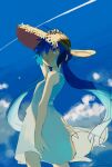  1girl :o alternate_costume arm_up bare_shoulders blue_eyes blue_hair blue_sky clouds commentary_request contrail day dress feet_out_of_frame floating_hair from_behind from_below fukomo hair_over_one_eye hand_on_headwear hat highres long_hair looking_ahead looking_to_the_side low_twintails open_mouth otomachi_una outdoors sketch sky sleeveless sleeveless_dress solo standing straw_hat sundress twintails vocaloid white_dress wind 
