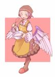  1girl animal_ears apron bird_ears bird_wings blush brown_dress brown_headwear brown_socks clothes_writing dress feathered_wings frilled_dress frilled_sleeves frills full_body head_scarf holding kneehighs long_sleeves mixing_bowl mystia_lorelei open_mouth pink_hair pink_wings rangycrow red_eyes short_hair sleeve_garter slippers smile socks solo touhou whisk wide_sleeves wings yellow_apron 