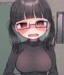  1girl black_hair blunt_bangs blurry blurry_background blush breasts character_request glasses large_breasts long_hair looking_at_viewer open_mouth red_eyes semi-rimless_eyewear sharp_teeth shinigami_dot_com solo sweater teeth turtleneck turtleneck_sweater twintails upper_body yasashii_naizou 