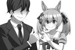  1boy 1girl absurdres animal_ears aramori_susumu blush collarbone commentary_request empty_eyes faceless faceless_male false_smile hair_between_eyes hair_ornament hair_ribbon heart_hands_failure highres horse_ears looking_at_viewer meme monochrome portrait ribbon school_uniform smart_falcon_(umamusume) smile thumbs_up tracen_school_uniform trainer_(umamusume) translation_request umamusume white_background 