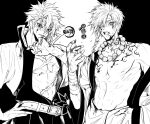  2boys aza_choubei bandaged_arm bandages bead_necklace beads blank_eyes blood blood_on_chest blood_on_face blood_on_hands body_markings eyes_visible_through_hair greyscale hairstyle_connection highres jewelry jigokuraku kimetsu_no_yaiba looking_at_viewer medium_hair mono1010101 monochrome multiple_boys muscular muscular_male necklace open_clothes open_mouth open_robe parted_lips popped_collar robe scar scar_across_eye scar_on_chest scar_on_face shinazugawa_sanemi short_hair spiky_hair trait_connection 