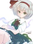  1girl absurdres artist_name black_hairband black_ribbon closed_mouth collared_shirt dated green_eyes green_skirt green_vest grey_hair hair_ribbon hairband hamriku highres hitodama konpaku_youmu konpaku_youmu_(ghost) puffy_short_sleeves puffy_sleeves ribbon shirt short_hair short_sleeves signature simple_background skirt smile solo touhou vest white_background white_shirt 