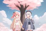  2girls :d absurdres bag blue_eyes blue_sky cardigan chaoslive cherry_blossoms chinese_commentary clouds commentary_request crossover day grey_cardigan grey_hair handbag heterochromia highres indie_virtual_youtuber looking_at_another multiple_girls open_cardigan open_clothes open_mouth pink_eyes pink_hair pink_shirt sailor_collar school_uniform serafuku shirt shizuku_lulu short_hair skirt sky smile tree virtual_youtuber wase_(vtuber) white_sailor_collar white_skirt wo_you_yibei_jia_wanli yellow_cardigan yellow_eyes yuri 