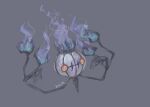  artist_name blue_fire chandelier chandelure commentary_request fire full_body grey_background highres light_trail no_humans ntmkn orange_eyes partial_commentary pokemon pokemon_(creature) purple_fire signature simple_background solo 