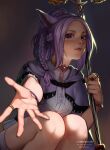  1girl animal_ears avatar_(ff14) big_hair bracelet breasts cat_ears cat_girl dide6an final_fantasy final_fantasy_xiv holding holding_staff jewelry long_hair looking_at_viewer medium_breasts miqo&#039;te purple_hair ring solo staff violet_eyes 
