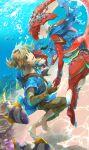  1girl 2boys anklet blue_eyes blue_tunic colored_skin commentary earrings fingerless_gloves fins fish fish_boy fish_girl gloves highres jewelry light_brown_hair link mipha monster_girl multiple_boys necklace pointy_ears red_skin shiroi_(shiroicbe) short_ponytail sidelocks sidon the_legend_of_zelda the_legend_of_zelda:_breath_of_the_wild underwater zora 