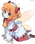  1girl ? all_fours ascot blue_eyes blush brown_footwear closed_mouth dress fairy fairy_wings frilled_sleeves frills headdress highres long_sleeves one-hour_drawing_challenge orange_hair ramudia_(lamyun) red_dress shoes short_hair simple_background socks solo sunny_milk touhou twitter_username two_side_up white_background white_dress white_socks wings yellow_ascot 