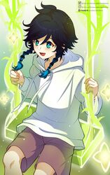  1boy absurdres aqua_eyes blue_hair braid brown_shorts genshin_impact gradient_hair highres hood hoodie lkari_shi long_sleeves male_focus multicolored_hair open_mouth shorts sitting smile solo swing twin_braids venti_(genshin_impact) white_hoodie 