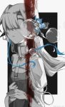  1girl artist_name blood blood_in_hair blood_on_clothes blood_on_face blue_flower blue_hair bubble cleavage_cutout clenched_hand clothing_cutout commentary_request dated floating_hair flower greyscale hair_flower hair_ornament hair_over_one_eye high_collar highres isekai_joucho juliet_sleeves kamitsubaki_studio long_hair long_sleeves looking_away monochrome multicolored_hair ninegris o-ring outside_border own_hands_together parted_lips puffy_sleeves refraction shrug_(clothing) sidelocks sideways_glance solo spot_color streaked_hair upper_body virtual_youtuber white_hair 