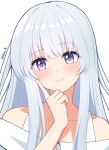  1girl bare_shoulders blue_archive blush collarbone highres long_hair looking_at_viewer noa_(blue_archive) portrait reia_76 shirt simple_background smile solo straight_hair twitter_username violet_eyes white_background white_hair white_shirt 