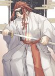  1boy closed_eyes eyepatch hair_slicked_back hanna_(y_m_d_jgkrk) highres holding holding_sword holding_weapon jigokuraku katana long_hair redhead robe sheath solo sword unsheathing weapon white_robe yamada_asaemon_eizen 