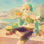  1boy absurdres armlet blue_eyes blue_sky bridal_gauntlets dmwggg eating food fruit gerudo_set_(zelda) highres light_brown_hair link mouth_veil sidelocks sitting sky the_legend_of_zelda the_legend_of_zelda:_breath_of_the_wild veil watermelon 