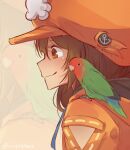  1girl animal_on_shoulder bird brown_eyes brown_hair guilty_gear guilty_gear_strive highres long_hair long_sleeves looking_to_the_side lovebird may_(guilty_gear) mil17459623 orange_headwear orange_shirt parrot profile shirt skull_and_crossbones smile 