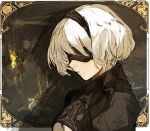  absurdres black_background black_blindfold black_dress black_headband blindfold breasts dress expressionless from_side headband highres hiranko nier:automata nier_(series) short_hair signature sketch white_hair yorha_no._2_type_b 