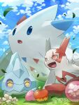  absurdres bergmite blue_flower blue_sky closed_eyes clouds day falling_leaves flower food fruit grass hakkentai_pokedan highres leaf no_humans on_grass open_mouth outdoors pokemon pokemon_(creature) sky togekiss zangoose 