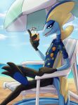  absurdres beach beach_chair beach_umbrella black_gloves blue_shirt blue_sky clothed_pokemon day drink gloves highres inteleon looking_at_viewer midna01 no_humans ocean open_mouth outdoors pineapple_print pokemon pokemon_(creature) relaxing shirt sitting sky solo sunglasses umbrella 