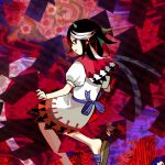  1girl arrow_(symbol) black_hair bow double_dealing_character dress from_behind horns jizou kaigen_1025 kijin_seija multicolored_hair red_eyes short_hair short_sleeves skirt solo streaked_hair touhou waist_bow white_dress 