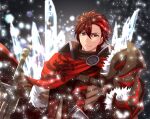  1boy armor asymmetrical_armor buckle closed_mouth diamant_(fire_emblem) fire_emblem fire_emblem_engage fur_trim hair_between_eyes high_collar highres holding holding_sword holding_weapon kakiko210 looking_at_viewer male_focus red_eyes redhead short_hair solo sword turtleneck weapon 