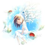  1girl ahoge barefoot blue_sky brown_hair creature dress fang feathered_wings floating full_body halo long_hair looking_at_viewer open_mouth original plantar_flexion rakuni red_eyes sky sleeveless sleeveless_dress solo spaghetti_strap white_dress white_wings wings 