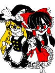  black_dress black_hair blonde_hair bow braid cosplay dress gohei hakurei_reimu hakurei_reimu_(cosplay) hat highres holding holding_gohei inkling kirisame_marisa kirisame_marisa_(cosplay) red_bow red_eyes shirt single_braid splatoon_(series) splatoon_dadada touhou white_background white_bow white_shirt witch_hat yellow_eyes 