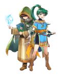  1boy 1girl belt book boots brown_hair child dress female_child fire_emblem fire_emblem:_the_blazing_blade fire_emblem_heroes full_body green_eyes grey_hair hair_between_eyes high_ponytail highres hood jewelry knee_boots long_hair lyn_(fire_emblem) male_child mark_(fire_emblem:_the_blazing_blade) necklace non-web_source official_art ponytail shoes short_dress short_hair short_sleeves shorts sword transparent_background turtleneck vambraces wada_sachiko weapon 