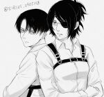  1boy 1girl absurdres bags_under_eyes breasts collared_shirt commentary_request crossed_arms eyepatch frown glasses greyscale hange_zoe highres levi_(shingeki_no_kyojin) monochrome shingeki_no_kyojin shirt short_ponytail sirius_0905hz small_breasts twitter_username 