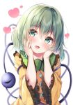  1girl commentary_request green_eyes green_hair hands_on_own_face heart highres komeiji_koishi long_sleeves looking_at_viewer no_headwear open_mouth shirotsuki_shirone shirt short_hair simple_background smile solo third_eye touhou upper_body white_background wide_sleeves yellow_shirt 