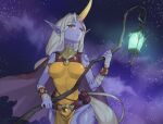  belly breasts cape choker curved_horn curvy eyes_visible_through_hair holding_weapon horn hourglass_figure lantern league_of_legends long_hair looking_up night night_sky open_mouth orange_eyes pointy_ears ponytail purple_skin qureniim slim_waist soraka staff standing tattoo tight_clothing white_hair wide_hips yellow_dress 