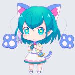  1girl :o animal_ears aoihito_(aikatsuholic) aqua_eyes aqua_gloves aqua_hair blue_sailor_collar cat_ears cat_tail chibi cropped_jacket dress full_body gloves hagoromo_lala jacket kemonomimi_mode looking_at_viewer multicolored_hair open_mouth pink_hair precure sailor_collar shoes short_hair short_sleeves simple_background single_glove socks solo standing star-shaped_pupils star_(symbol) star_twinkle_precure streaked_hair symbol-shaped_pupils tail white_dress yellow_jacket yellow_socks 