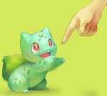  animal_focus bright_pupils bulbasaur claws creature fang fingernails fuchsia green_background nostrils open_mouth pointing pokemon pokemon_(creature) reaching red_eyes simple_background size_difference standing white_pupils 