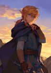  blue_eyes blue_tunic clouds earrings fingerless_gloves gloves gradient_sky highres holding holding_sword holding_weapon jewelry light_brown_hair link pointy_ears purpleneak short_ponytail sidelocks sky sword the_legend_of_zelda the_legend_of_zelda:_breath_of_the_wild weapon 