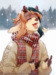  1other ambiguous_gender animal_ears antlers commission deer_antlers deer_ears dide6an earrings furry green_hair highres jewelry long_sleeves open_mouth orange_hair original other_focus plaid plaid_scarf red_scarf reindeer_antlers reindeer_girl scarf snowing sweater white_sweater 