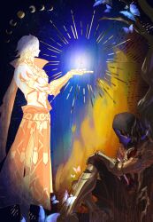  2boys absurdres antenna_hair arm_tattoo armlet armor armored_boots black_choker black_cloak black_coat black_pants black_shirt blue_eyes boots braid bug butterfly chest_tattoo chinese_commentary choker clawed_gauntlets cloak coat commentary_request earrings facial_tattoo flame_reaver_of_the_deepest_dark from_side gold_earrings gold_necklace highres honkai:_star_rail honkai_(series) hood hood_up hooded_cloak jewelry leg_armor male_focus mask medium_hair multiple_boys mydei_(honkai:_star_rail) neck_tattoo necklace open_clothes open_coat pants parted_bangs pauldrons profile red_tattoo shirt short_hair shoulder_armor side_braid single_pauldron sitting sun_symbol sun_tattoo tattoo waist_cape white_coat white_hair yuexili05034 