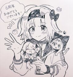  1boy 2girls :3 animal_ears arknights bow cat_ears cat_girl cat_tail chibi closed_mouth commentary_request creator_connection fang goldenglow_(arknights) hair_bow hairband highres hood hood_up jacket lightning_bolt_print looking_at_viewer maguro_kan mizuki_(arknights) monochrome multiple_girls open_mouth pepe_(arknights) photo_(medium) smile tail traditional_media translated waving 