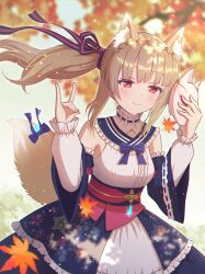  1girl absurdres animal_ear_fluff animal_ears autumn autumn_leaves bare_shoulders black_dress blue_bow blunt_bangs blush bow braid brown_hair closed_mouth commentary_request cowboy_shot crown_braid dappled_sunlight day detached_sleeves dress dress_bow falling_leaves floating_hair fox_ears fox_girl fox_mask fox_shadow_puppet fox_tail frilled_dress frills hair_ribbon hands_up heaven_burns_red highres holding holding_mask japanese_clothes kemonomimi_mode kiryuu_miya leaf light_particles lolita_fashion long_hair long_sleeves looking_at_viewer maple_leaf mask mole mole_under_eye official_alternate_costume official_alternate_hairstyle outdoors ponytail red_eyes red_ribbon red_sash ribbon sash sidelocks sizmaru11 smile solo sunlight tail wa_lolita wide_sleeves 