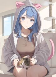  1girl animal_hood animal_on_lap blue_eyes blue_hair breasts brown_shirt cat cat_hood cat_on_lap cat_tail closed_mouth commentary_request couch fake_tail highres hood hood_up hyakusyo69 indoors large_breasts looking_at_viewer make_heroine_ga_oo_sugiru! medium_hair on_couch on_lap shirt sitting tail yanami_anna 