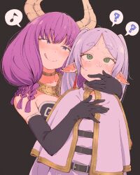  2girls ? @_@ aura_(sousou_no_frieren) belt black_background black_belt black_gloves blue_eyes blush braid breasts capelet closed_mouth commentary covering_another's_mouth demon_girl demon_horns earrings eitopondo elbow_gloves elf frieren gloves gold gold_choker gold_necklace green_eyes horns jewelry licking_lips long_hair looking_at_another looking_at_viewer medium_hair multiple_braids multiple_girls musical_note necklace nervous_sweating pointy_ears purple_hair shirt short_eyebrows simple_background skirt small_breasts smile sousou_no_frieren spoken_musical_note spoken_question_mark standing sweat thick_eyebrows tongue tongue_out twintails upper_body white_capelet white_shirt white_skirt 