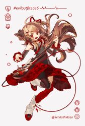  :d absurdres ahoge alternate_costume black_arm_warmers black_dress black_nails black_scrunchie boots broken_heart brown_hair buttons cable cardiogram cardiogram_print collarbone commentary dress english_commentary evil_neuro-sama fang floating_clothes floating_hair frilled_arm_warmers frilled_dress frills full_body guitar hair_intakes hair_ornament hair_ribbon hashtag heart highres instrument leg_up lightning_bolt_symbol long_hair looking_at_viewer music neck_ribbon playing_guitar playing_instrument pleated_dress power_symbol red_dress red_eyes red_ribbon red_thighhighs ribbon scrunchie see-through_clothes see-through_sleeves sidelocks simple_background single_leg_pantyhose single_thighhigh skull_hair_ornament smile ssbaby thigh-highs turtle twitter_username two-tone_dress two_side_up v-shaped_eyebrows vedal_ai very_long_hair virtual_youtuber white_background white_boots x_hair_ornament 