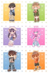  2girls 4boys :d :| \||/ absurdres adjusting_headphones animal_charm animal_ear_headphones animal_ears antenna_hair aqua_shoes aubrey_(birthday)_(omori) aubrey_(faraway)_(omori) aubrey_(omori) bag bag_charm baggy_pants ball bare_shoulders baseball_cap basil_(birthday)_(omori) basil_(faraway)_(omori) basil_(omori) basketball_(object) belt black_bag black_belt black_eyes black_hair black_shirt black_shorts blonde_hair blue_bow blue_eyes blue_jacket blue_outline blue_pants blue_ribbon blue_shoes blue_shorts blush boots border bow braid bright_pupils brother_and_sister brothers brown_bag brown_boots brown_hair brown_hat brown_overalls brown_pants brown_shoes camouflage camouflage_shorts cardigan cardigan_partially_removed character_bag character_charm character_doll charm_(object) chibi chibi_only chinese_commentary chocolate_chip_cookie closed_mouth clothes_writing clothing_cutout collared_jacket collared_shirt commentary_request converse cookie copyright_name crop_top cropped_shirt dark-skinned_male dark_skin deformed denim doll dot_nose double-parted_bangs double_horizontal_stripe drawstring ear_piercing elbow_carry english_text expressionless fake_animal_ears flower_wreath food forest_bunny?_(omori) full_body green_cardigan green_outline green_shoes grey_hat grey_hoodie grid_teeth grin hair_behind_ear hair_between_eyes hair_bow hair_ornament hairclip hand_up handbag hat head_wreath headphones headscarf hector_(omori) hero_(birthday)_(omori) hero_(faraway)_(omori) hero_(omori) highres holding holding_bag holding_ball holding_head_wreath holding_stuffed_toy hood hood_down hoodie jacket jeans kel_(birthday)_(omori) kel_(faraway)_(omori) kel_(omori) kneehighs layered_sleeves leg_hair legs_apart long_hair long_sleeves looking_at_viewer low_ponytail low_twin_braids male_focus mari_(birthday)_(omori) mari_(faraway)_(omori) mari_(omori) mari_(spirit)_(omori) mewo midriff mr._plantegg_(omori) multiple_boys multiple_girls navel newsboy_cap no_sclera official_alternate_costume official_alternate_hairstyle omori open_cardigan open_clothes open_jacket open_mouth orange_background orange_outline orange_shirt outline outside_border outstretched_arm overall_shorts overalls pants parallel_hairclips piercing pink_background pink_bag pink_cardigan pink_hair pink_outline plastic_bag ponytail puffy_long_sleeves puffy_sleeves purple_outline rabbit_ear_headphones rabbit_ears rainbrey_0801 ribbon ribbon-trimmed_pants shirt shoelaces shoes short-sleeved_jacket short_hair short_over_long_sleeves short_ponytail short_sleeves shorts shoulder_bag siblings sidelocks simple_background sleeveless sleeveless_turtleneck smile sneakers socks something_(omori) sparkle standing standing_on_one_leg star_(symbol) stuffed_toy sunny_(birthday)_(omori) sunny_(omori) sweater tareme thigh-highs torn_clothes torn_jeans torn_pants turtleneck turtleneck_shirt turtleneck_sweater twin_braids very_long_hair waving white_border white_cardigan white_headscarf white_jacket white_outline white_pupils white_shirt white_socks white_thighhighs yellow_outline 