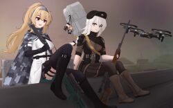  absurdres blonde_hair boots camouflage_cape cape commentary desert drone english_commentary girls'_frontline_2:_exilium girls_frontline gun hair_over_one_eye highres long_hair looking_at_another mr.something on_train rifle sitting smile sniper_rifle sv-98_(girls'_frontline) svd_(girls'_frontline) weapon weapon_case white_hair 