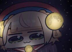  1girl :3 beret blonde_hair chibi chibi_only closed_mouth commentary_request green_eyes grey_jacket hair_ornament hair_rings hat indie_virtual_youtuber jacket kakue_gaku medium_hair moon portrait red_hat red_sailor_collar sailor_collar shigure_ui_(1st_costume)_(vtuber) shigure_ui_(vtuber) smile solo space star_(sky) starry_sky_background striped_clothes striped_jacket vertical-striped_clothes vertical-striped_jacket virtual_youtuber 