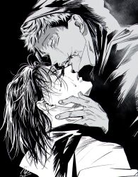  2boys blood blood_on_face brothers choso_(jujutsu_kaisen) facial_mark from_side greyscale hair_undone hand_on_another's_face highres hood hood_up hooded_jacket itadori_yuuji jacket jozpic jujutsu_kaisen licking_nose male_focus monochrome multiple_boys robe short_hair siblings signature undercut 