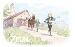  1boy 1girl black_pants blonde_hair blue_eyes blue_tunic brown_pants highres horse house kchang57 link pants princess_zelda scenery sheikah_slate sky the_legend_of_zelda the_legend_of_zelda:_breath_of_the_wild wide_shot 