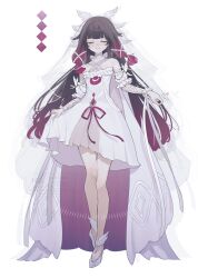  1girl bare_shoulders black_hair closed_eyes closed_mouth color_guide columbina_(genshin_fes_2026)_(genshin_impact) columbina_(genshin_impact) dress full_body genshin_impact hair_ribbon head_wings highres long_hair multicolored_hair official_alternate_costume pink_hair pink_ribbon ribbon see-through_clothes see-through_veil shoes solo suwa_(swk_kkk) veil watermark white_dress white_ribbon white_shoes white_wings wings wrist_ribbon 