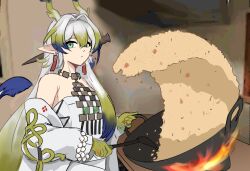  1girl absurdres arknights bare_shoulders blonde_hair blue_hair breasts che3zy coat commentary dragon_girl dragon_horns dragon_tail english_commentary fire food fried_rice fried_rice_prank_(meme) gradient_hair green_eyes grey_hair highres holding holding_spatula horns long_hair meme multicolored_hair off_shoulder pointy_ears shu_(arknights) small_breasts solo spatula strapless tail tube_top white_coat white_tube_top wok 